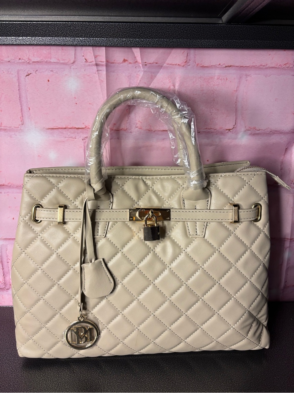 Badgley Mischka Quilted Cream Satchel with Gold Hardware